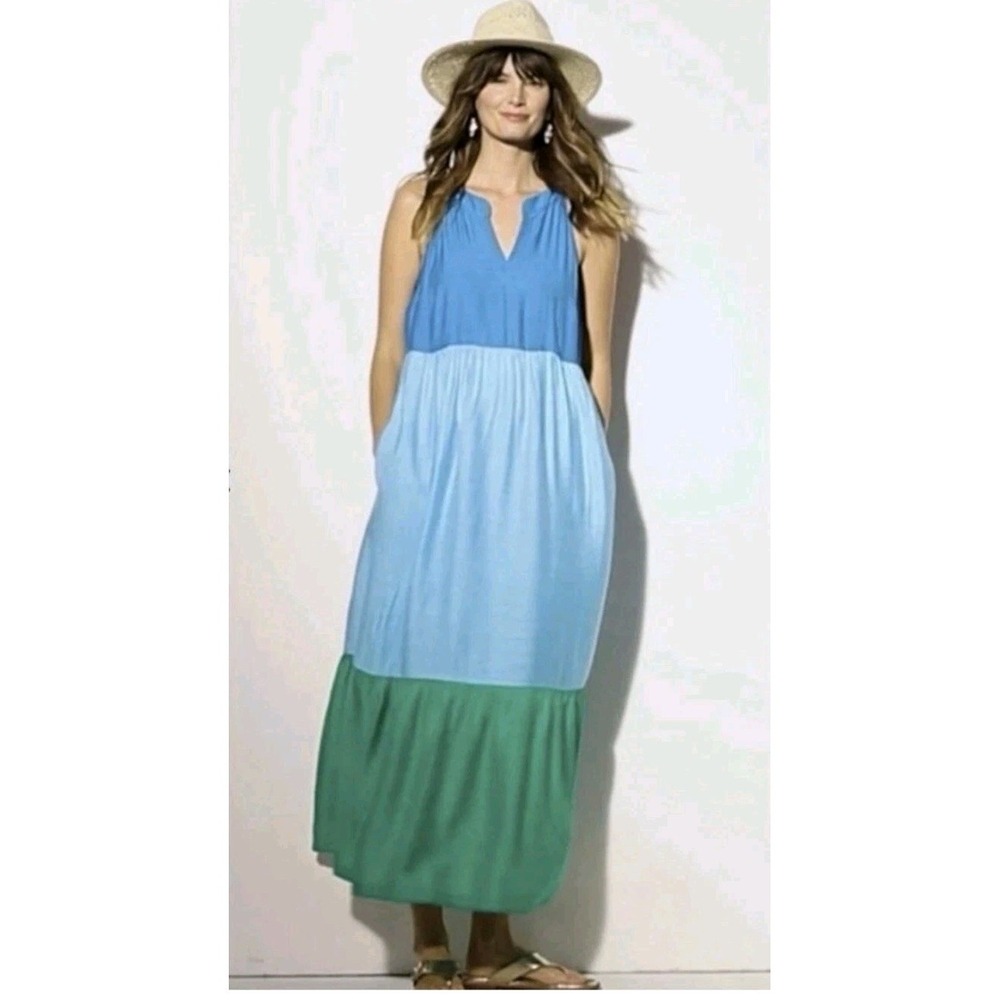J.JILL Color Block Tiered Maxi Tank Dress Blue Green Pockets Bohemian Peasant M